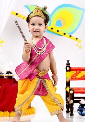 Yellow Embellished Silk Costume For Boys 