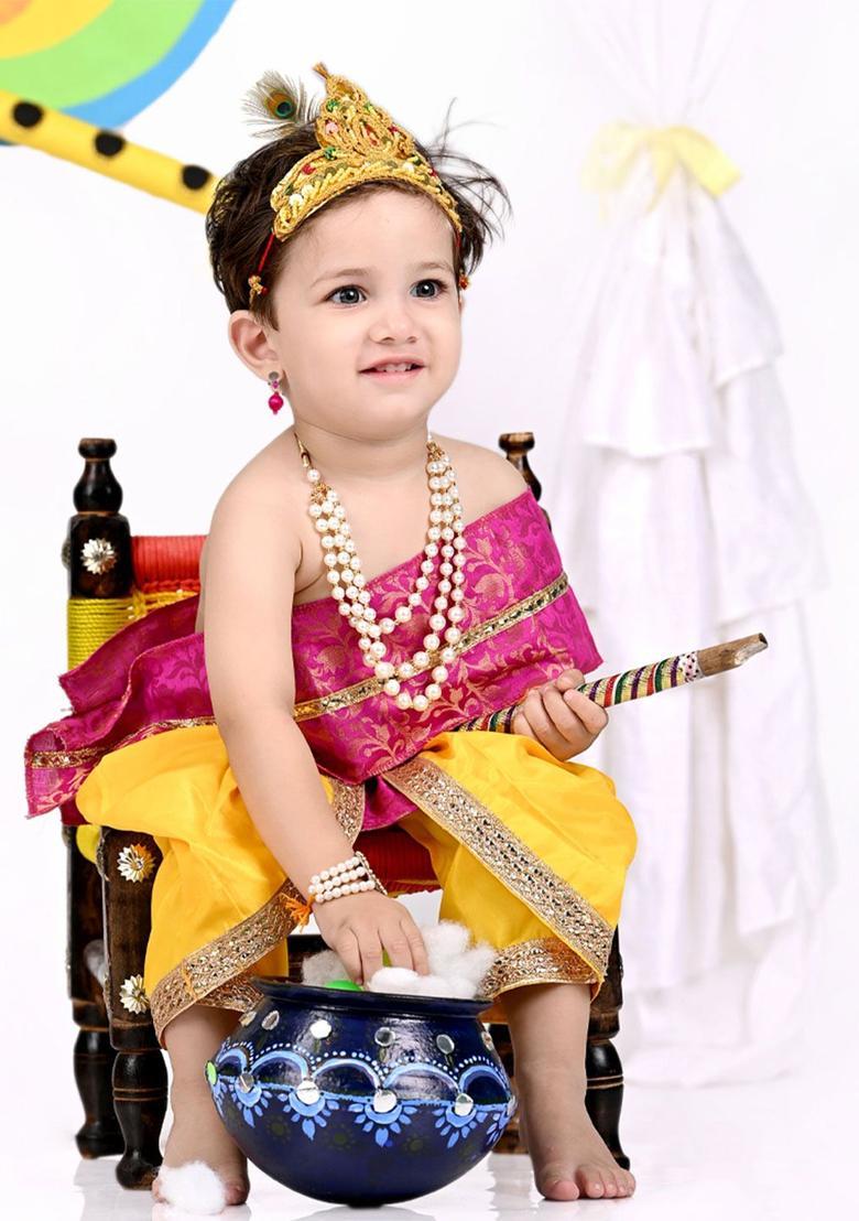 Yellow Embellished Silk Costume For Boys  - Indya