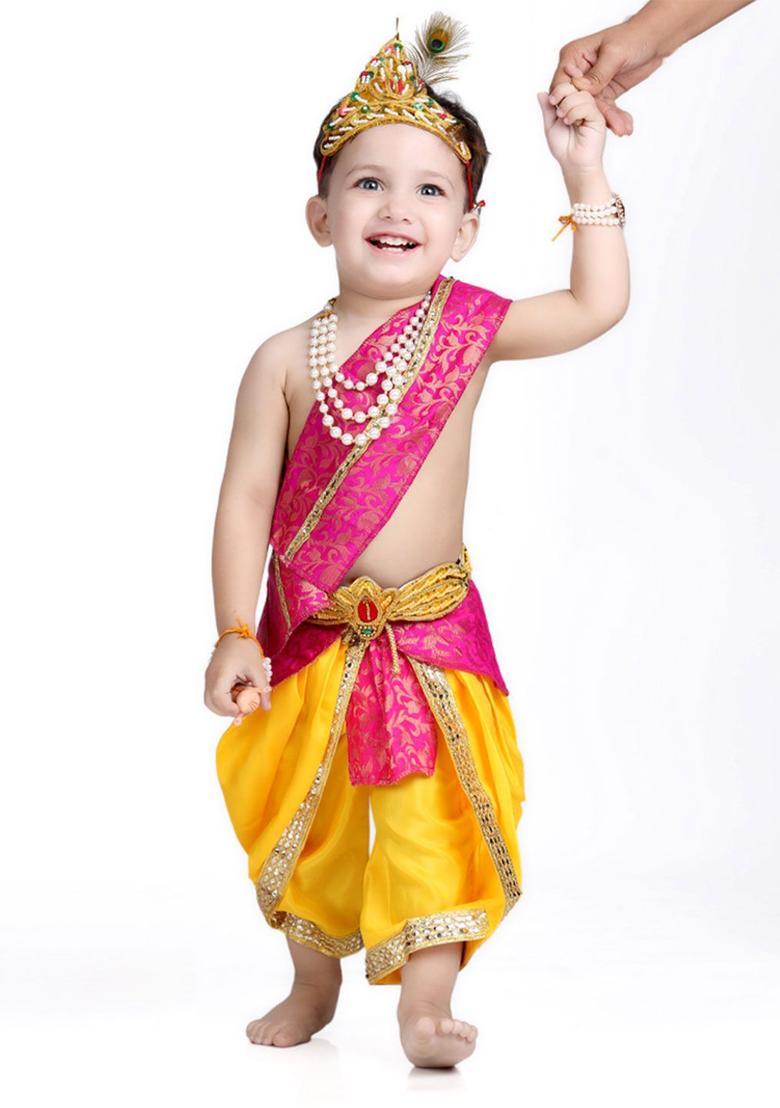 Yellow Embellished Silk Costume For Boys  - Indya