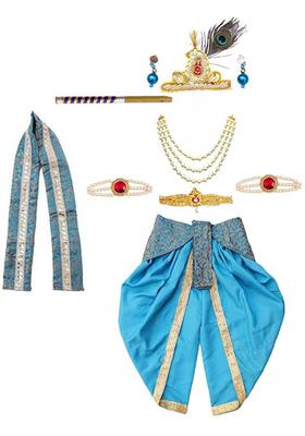 Turquoise Blue Embellished Silk Costume For Boys 
