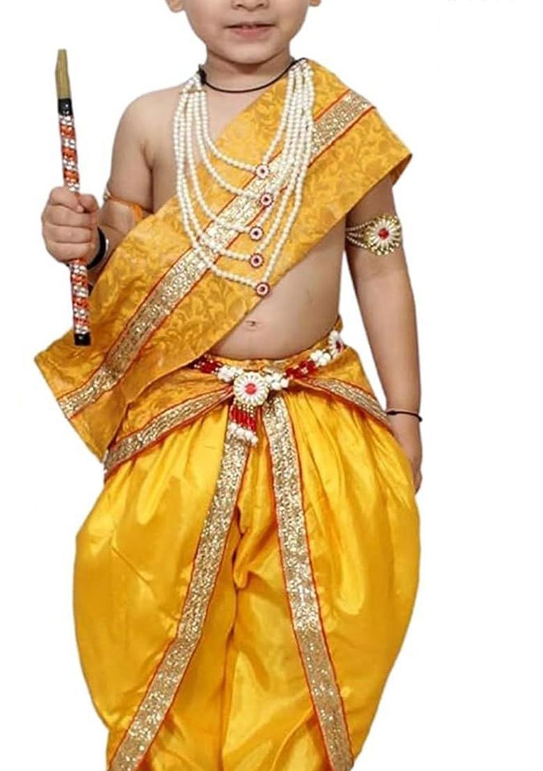 Yellow Solid Silk Costume For Boys  - Indya