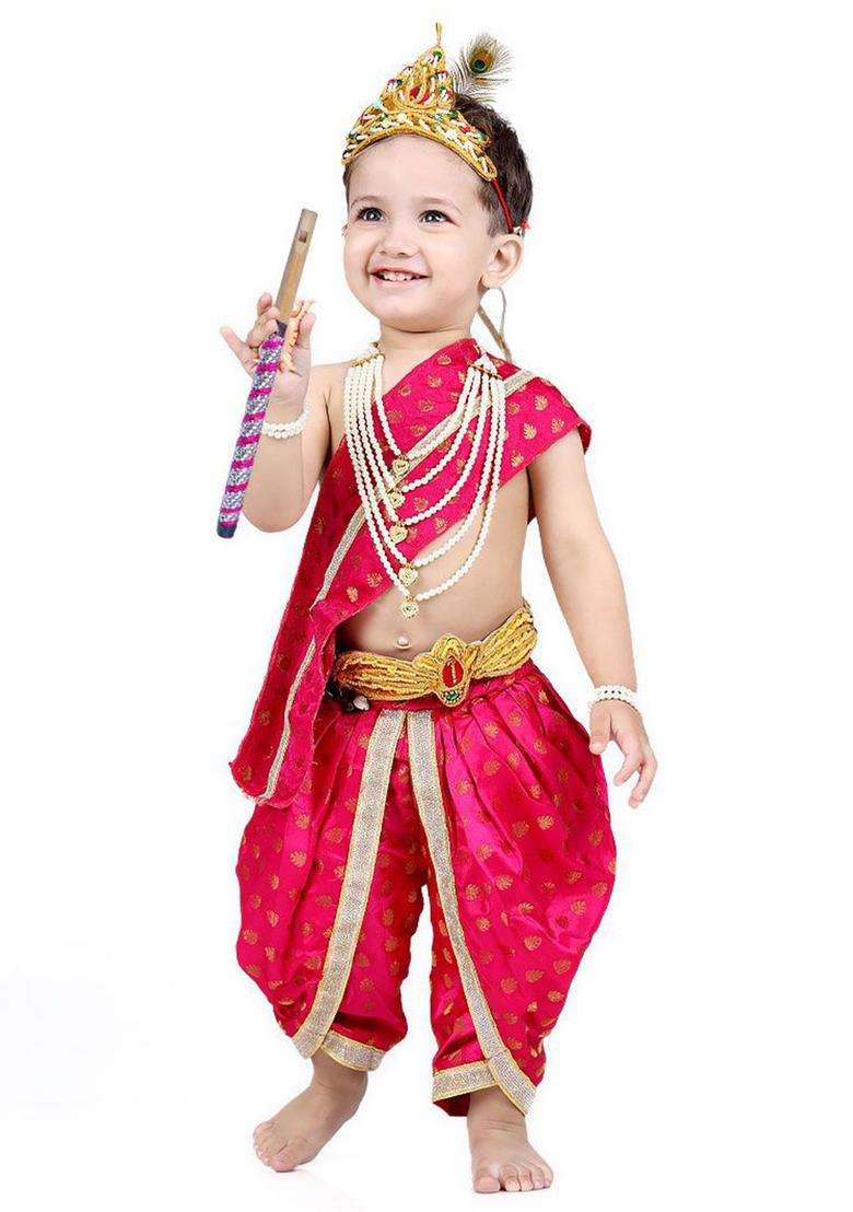 Magenta Embellished Silk Costume For Boys  - Indya