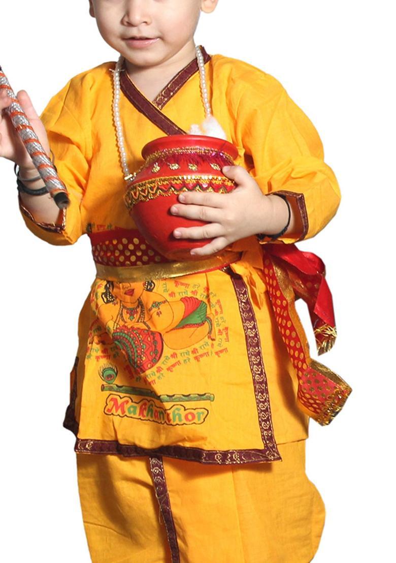 Yellow Printed Cotton Costume For Boys  - Indya
