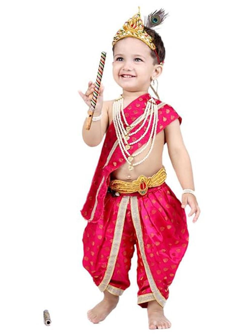Magenta Colourblocked Silk Costume For Boys  - Indya