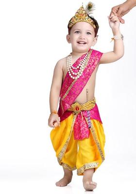 Magenta Colourblocked Silk Costume For Boys 