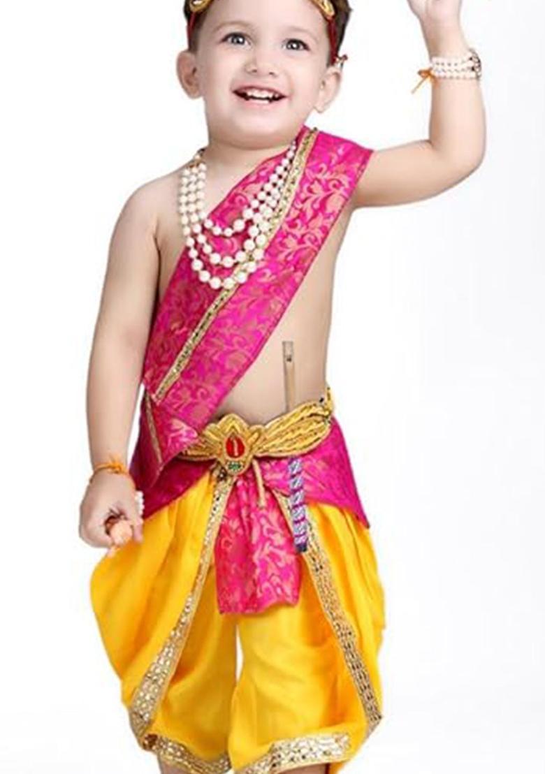 Magenta Colourblocked Silk Costume For Boys  - Indya