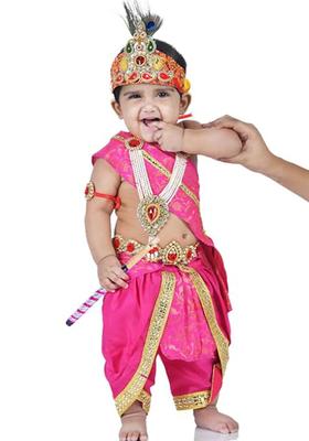 Magenta Embellished Silk Costume For Boys 