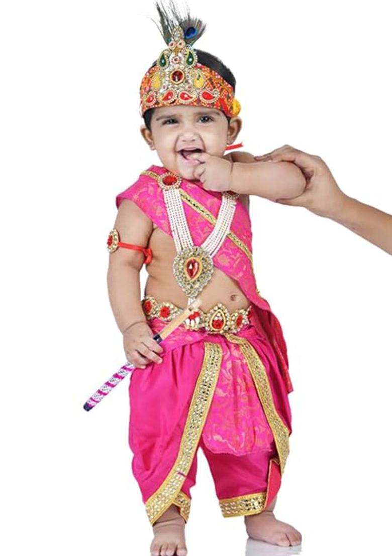 Magenta Embellished Silk Costume For Boys  - Indya