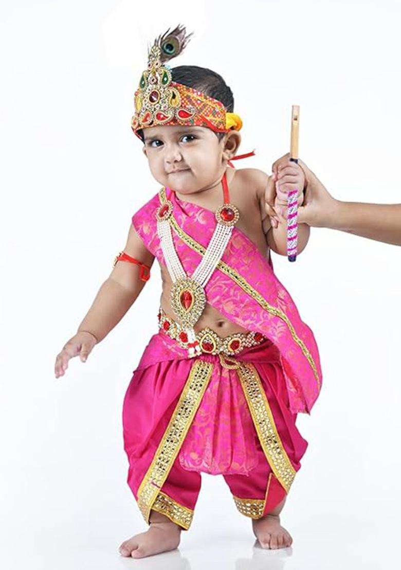 Magenta Embellished Silk Costume For Boys  - Indya