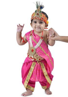 Magenta Woven Design Silk Costume For Boys 