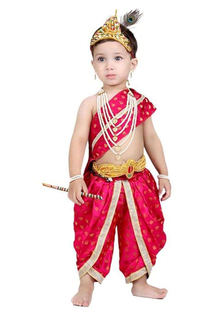 Magenta Colourblocked Silk Costume For Boys  - Indya