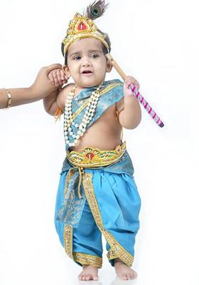 Turquoise Blue Colourblocked Silk Costume For Boys 