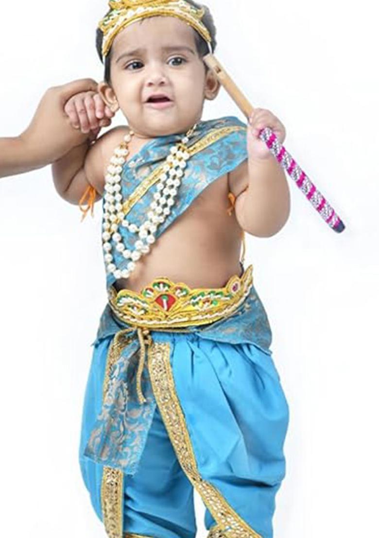 Turquoise Blue Colourblocked Silk Costume For Boys  - Indya