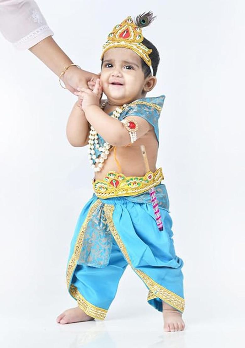 Turquoise Blue Colourblocked Silk Costume For Boys  - Indya
