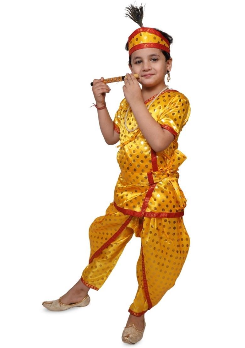Yellow Printed Silk Costume For Boys  - Indya