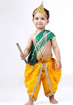 Yellow Woven Design Silk Costume For Boys 
