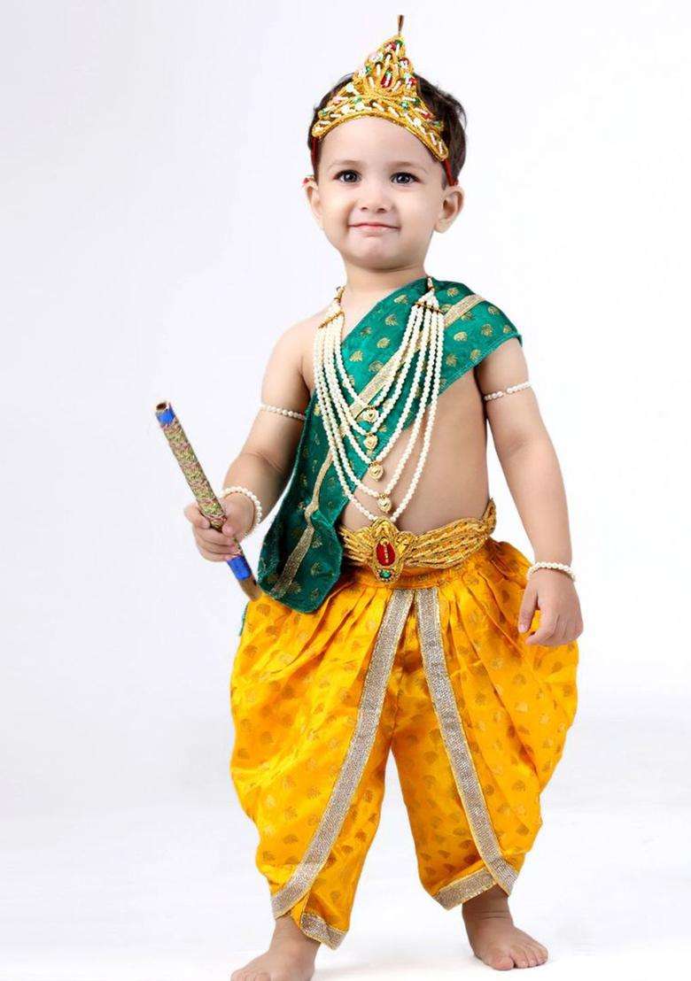 Yellow Woven Design Silk Costume For Boys  - Indya
