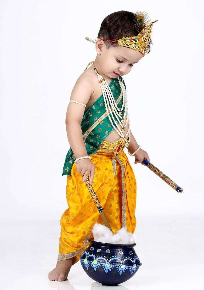 Yellow Woven Design Silk Costume For Boys  - Indya
