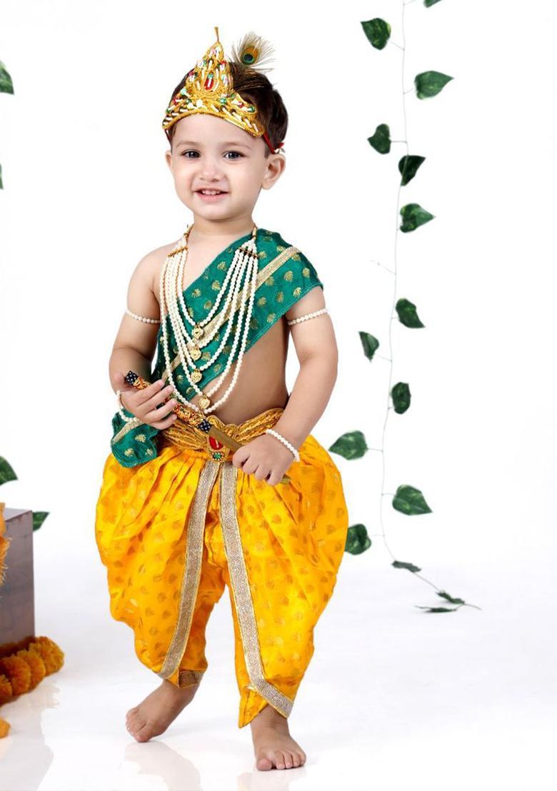 Yellow Woven Design Silk Costume For Boys  - Indya