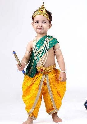 Yellow Woven Design Silk Costume For Boys 