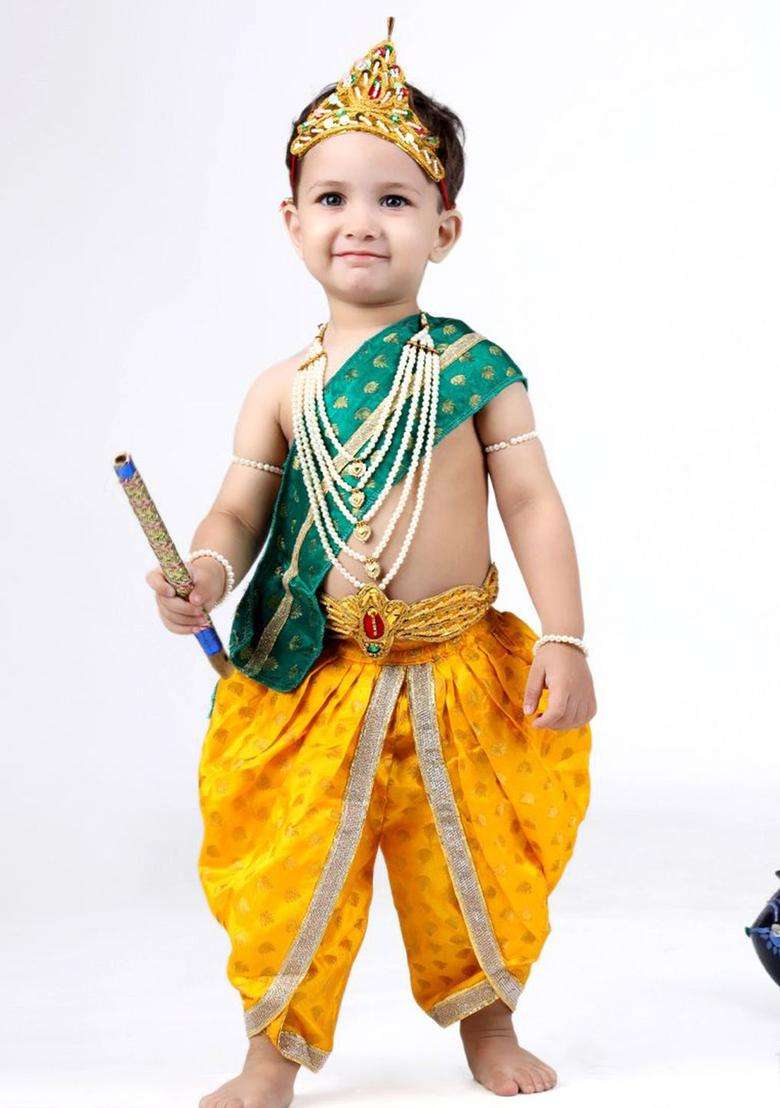 Yellow Woven Design Silk Costume For Boys  - Indya