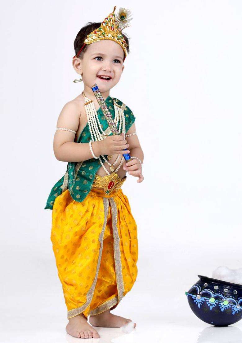 Yellow Woven Design Silk Costume For Boys  - Indya