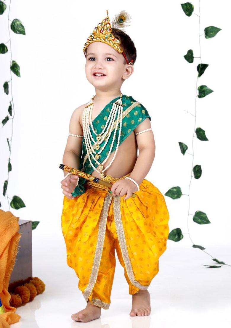 Yellow Woven Design Silk Costume For Boys  - Indya
