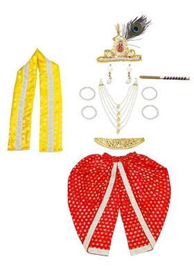 Red Colourblocked Silk Costume For Boys 