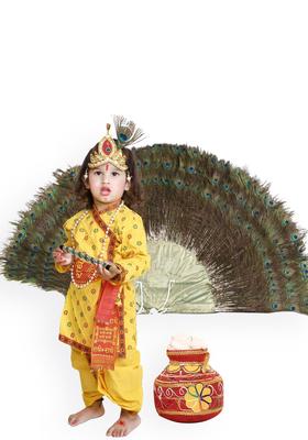 Yellow Printed Cotton Costume For Boys 