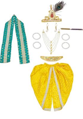 Turquoise Blue Woven Design Silk Costume For Boys 