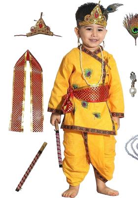 Yellow Embroidered Cotton Costume For Boys 