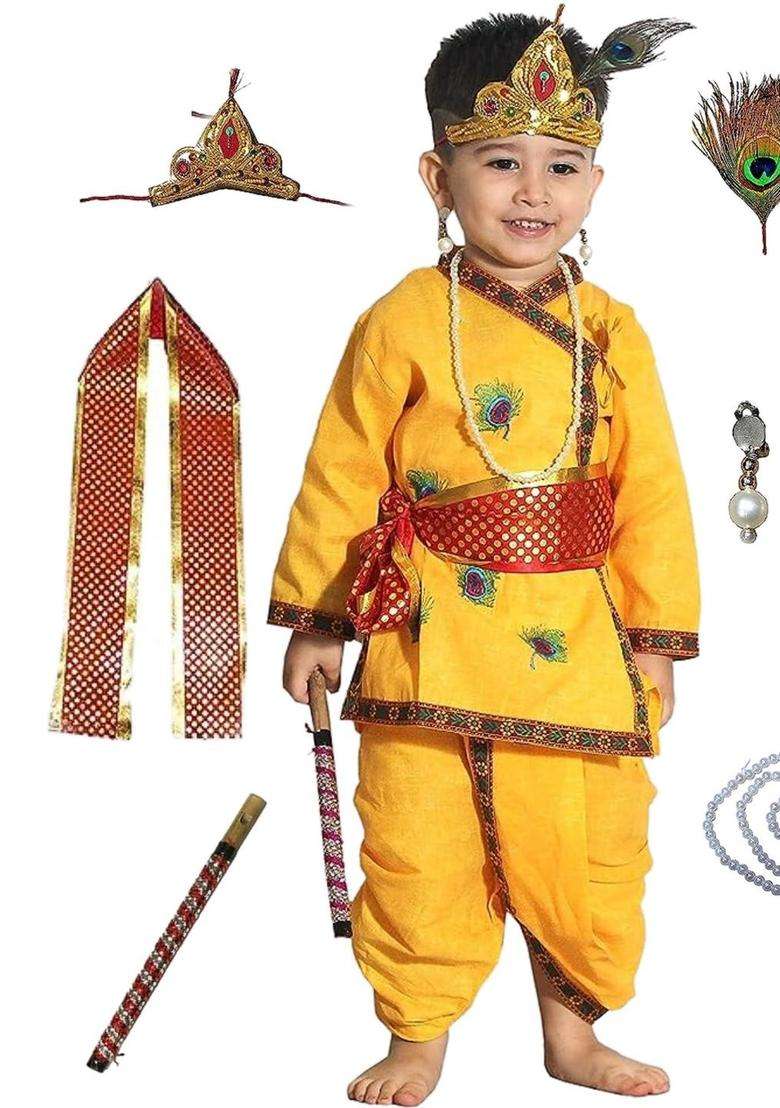 Yellow Embroidered Cotton Costume For Boys  - Indya