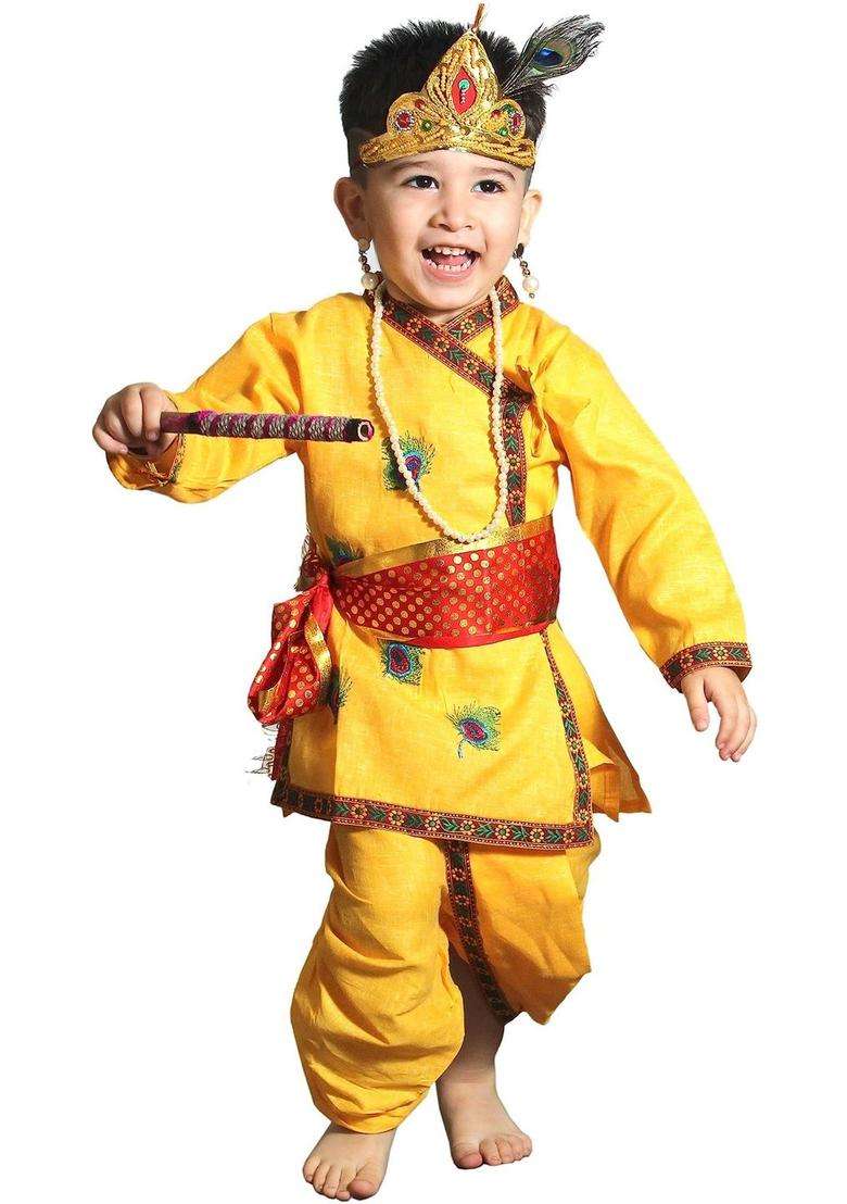 Yellow Embroidered Cotton Costume For Boys  - Indya