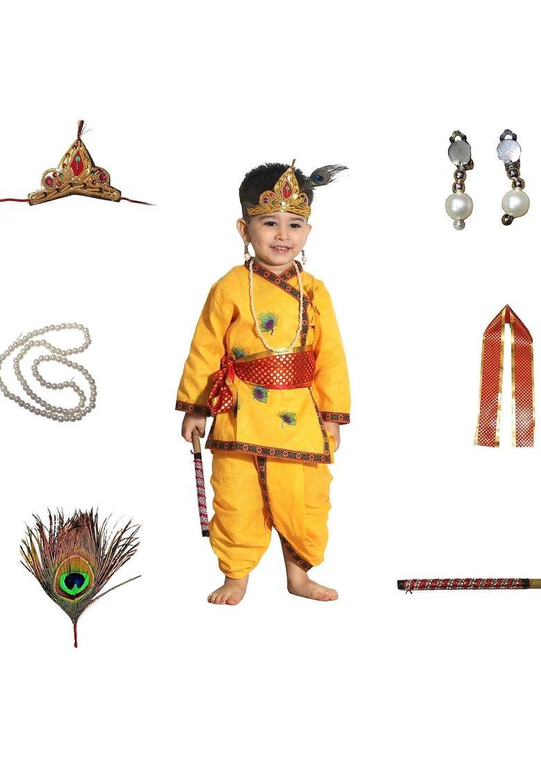 Yellow Embroidered Cotton Costume For Boys  - Indya