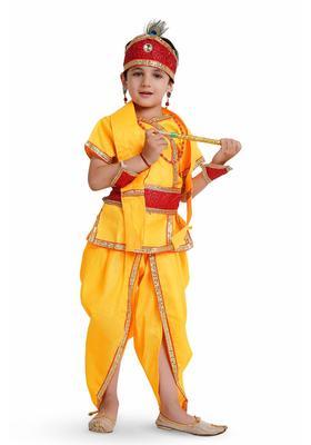 Yellow Embroidered Cotton Costume For Boys 