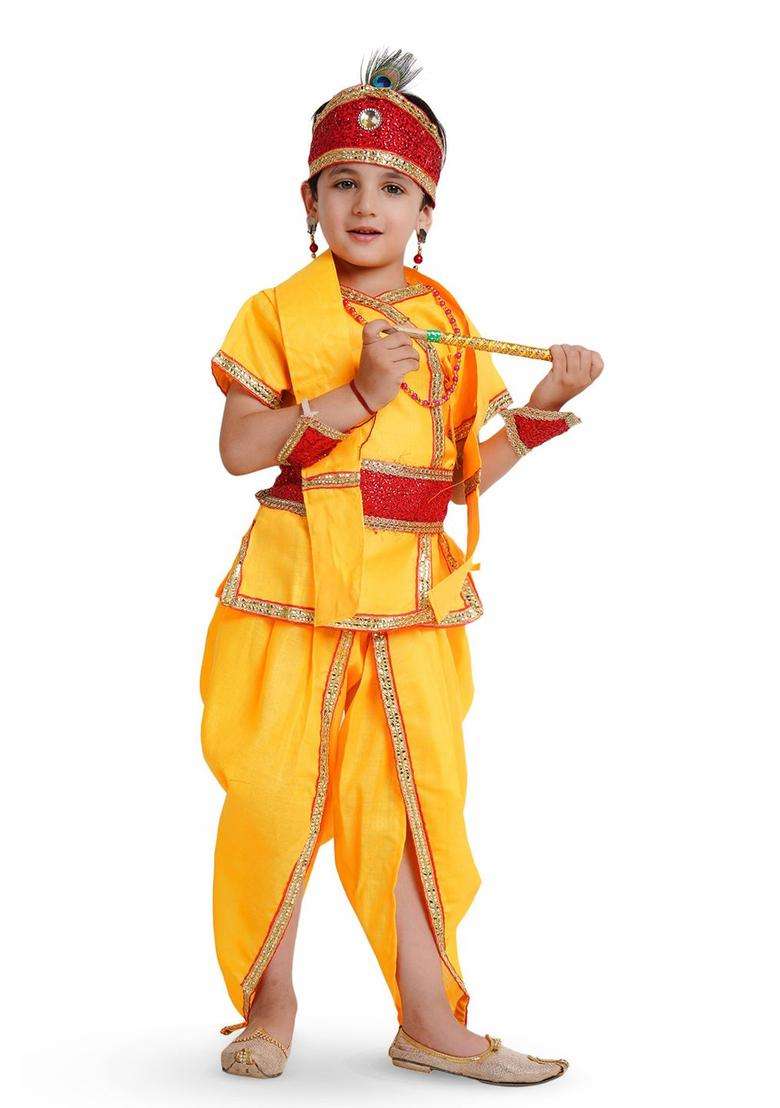 Yellow Embroidered Cotton Costume For Boys  - Indya