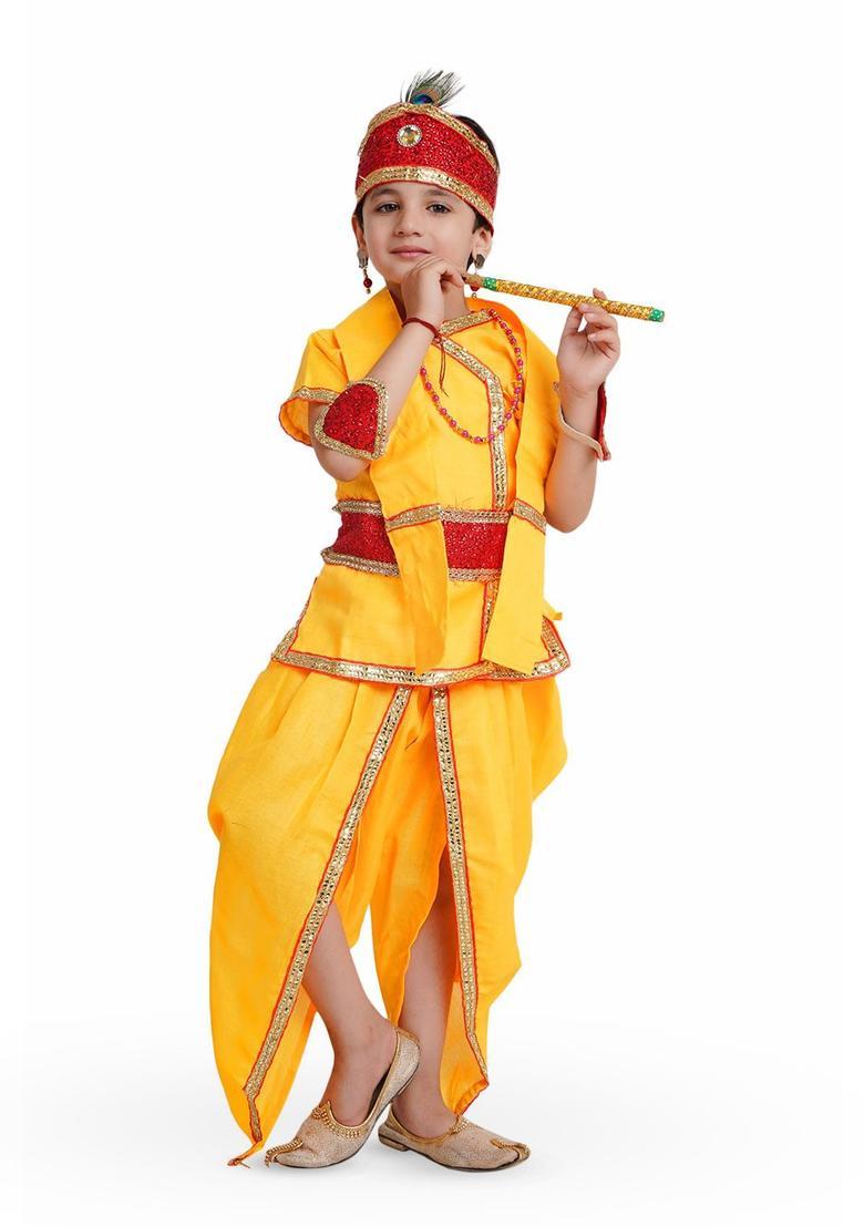 Yellow Embroidered Cotton Costume For Boys  - Indya
