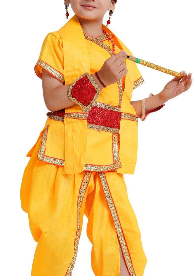 Yellow Embroidered Cotton Costume For Boys  - Indya