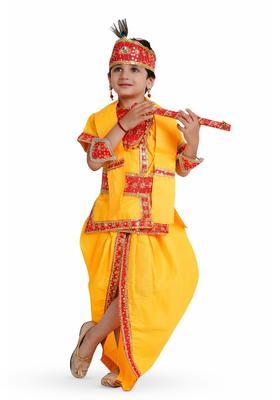 Yellow Embroidered Cotton Costume For Boys 