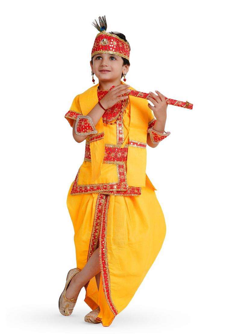 Yellow Embroidered Cotton Costume For Boys  - Indya