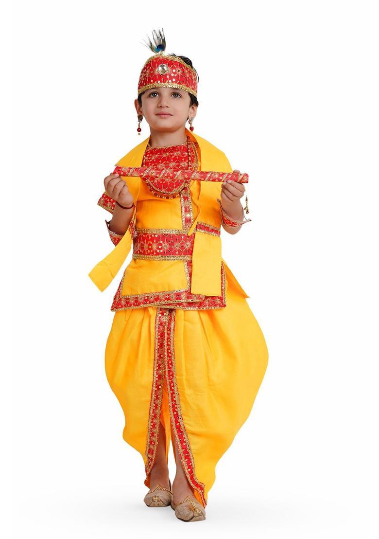Yellow Embroidered Cotton Costume For Boys  - Indya