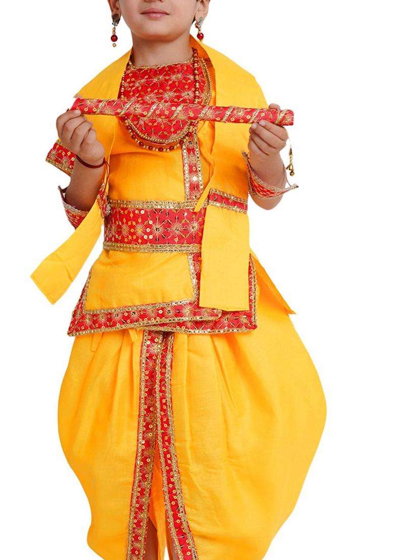 Yellow Embroidered Cotton Costume For Boys  - Indya