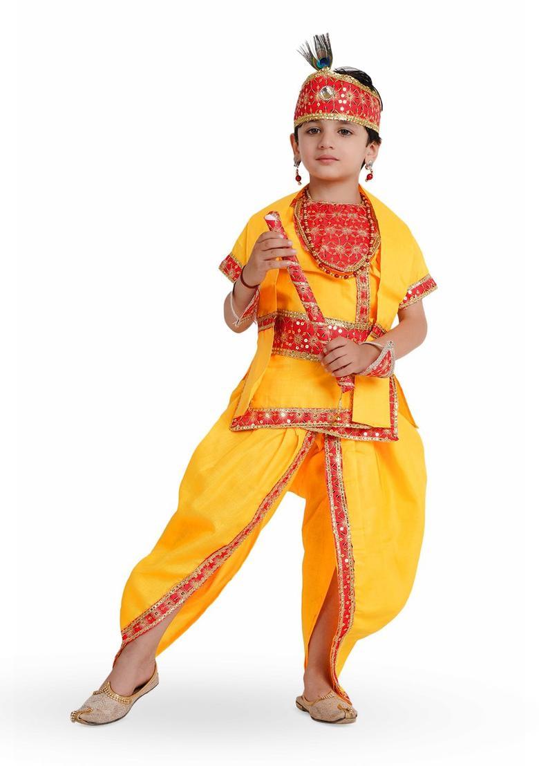 Yellow Embroidered Cotton Costume For Boys  - Indya