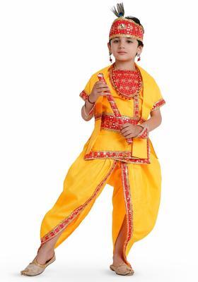Yellow Embroidered Cotton Costume For Boys 