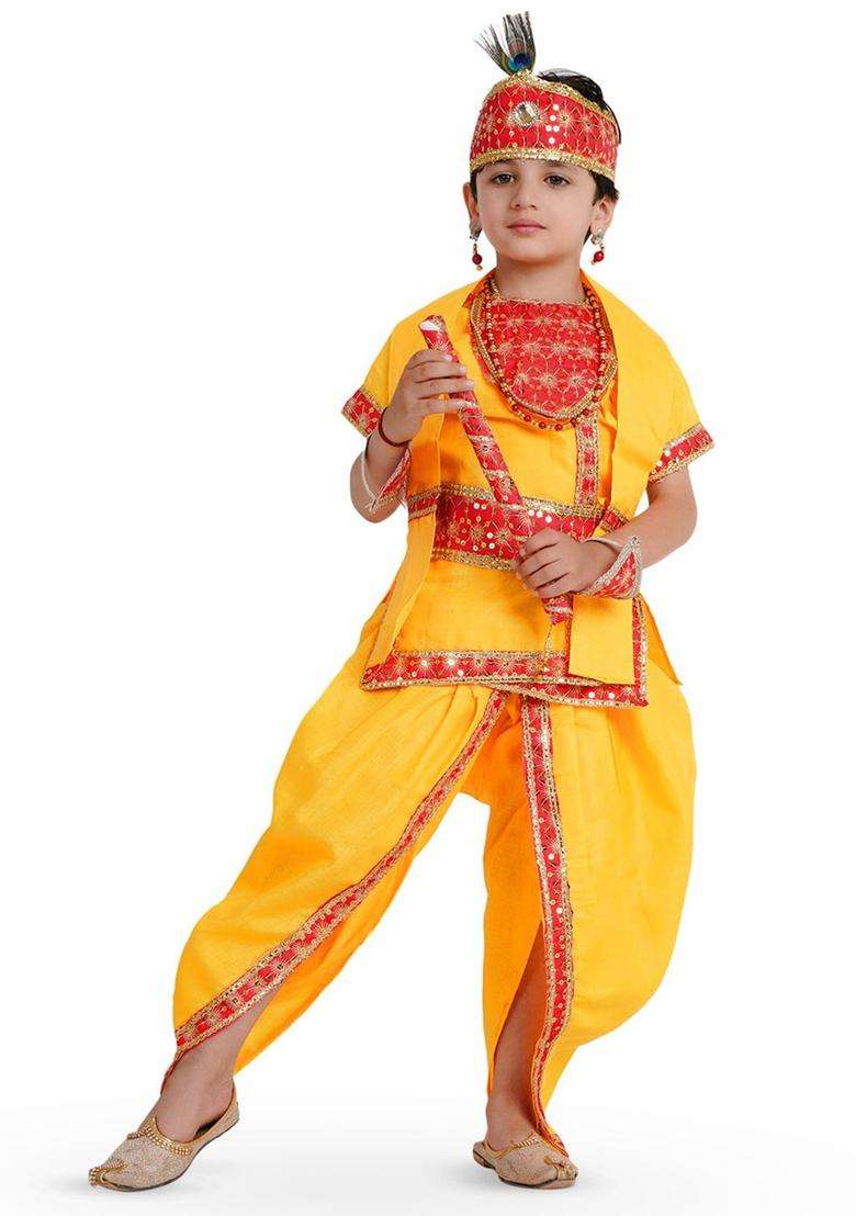 Yellow Embroidered Cotton Costume For Boys  - Indya