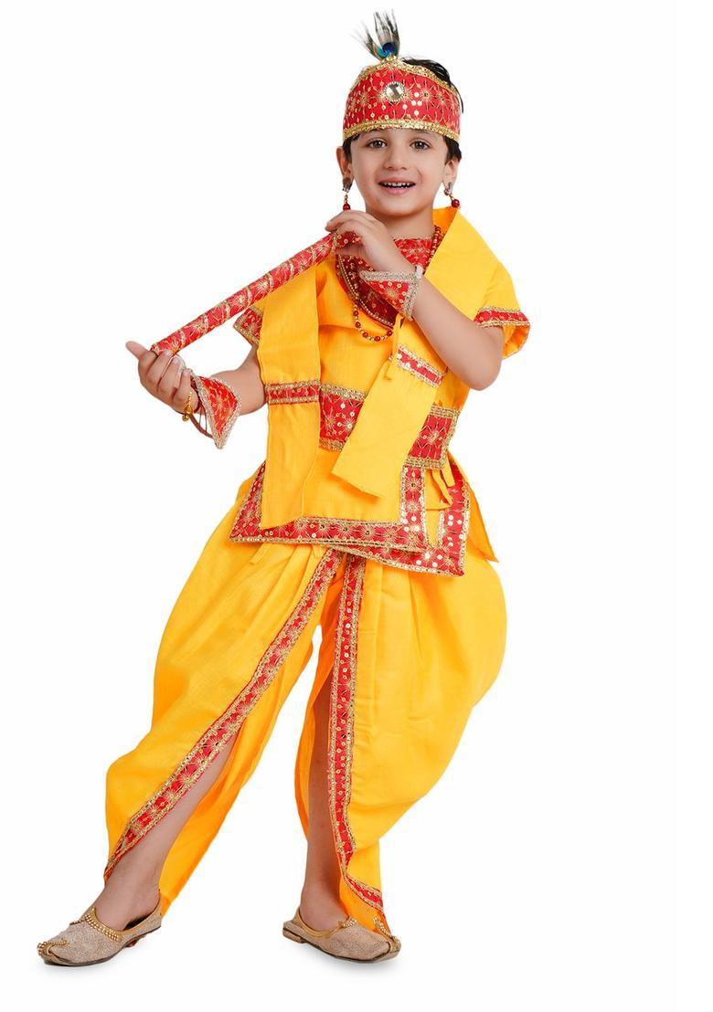 Yellow Embroidered Cotton Costume For Boys  - Indya