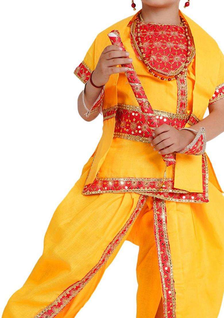 Yellow Embroidered Cotton Costume For Boys  - Indya