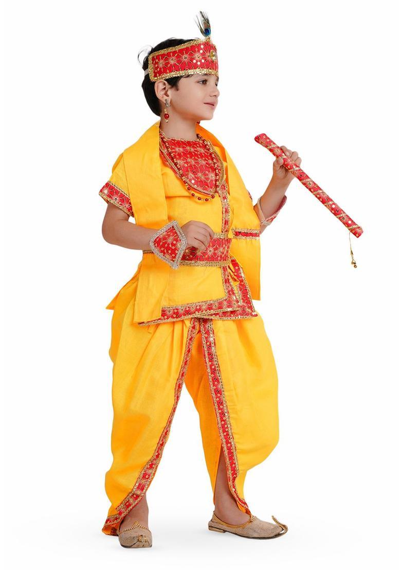 Yellow Embroidered Cotton Costume For Boys  - Indya