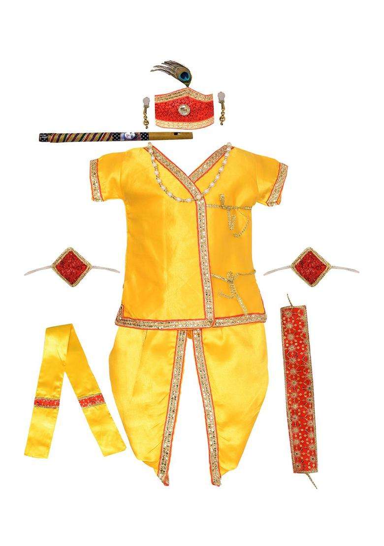 Yellow Self Design Satin Costume For Boys  - Indya