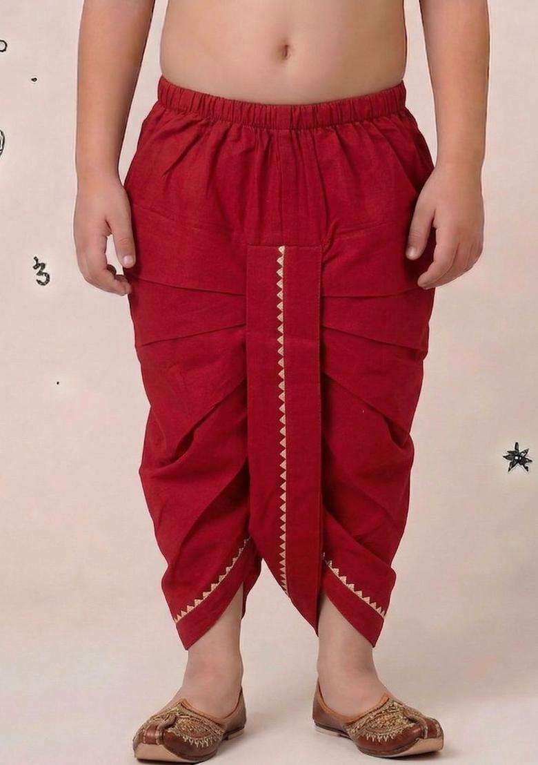 Red Solid Cotton Dhoti For Boys  - Indya